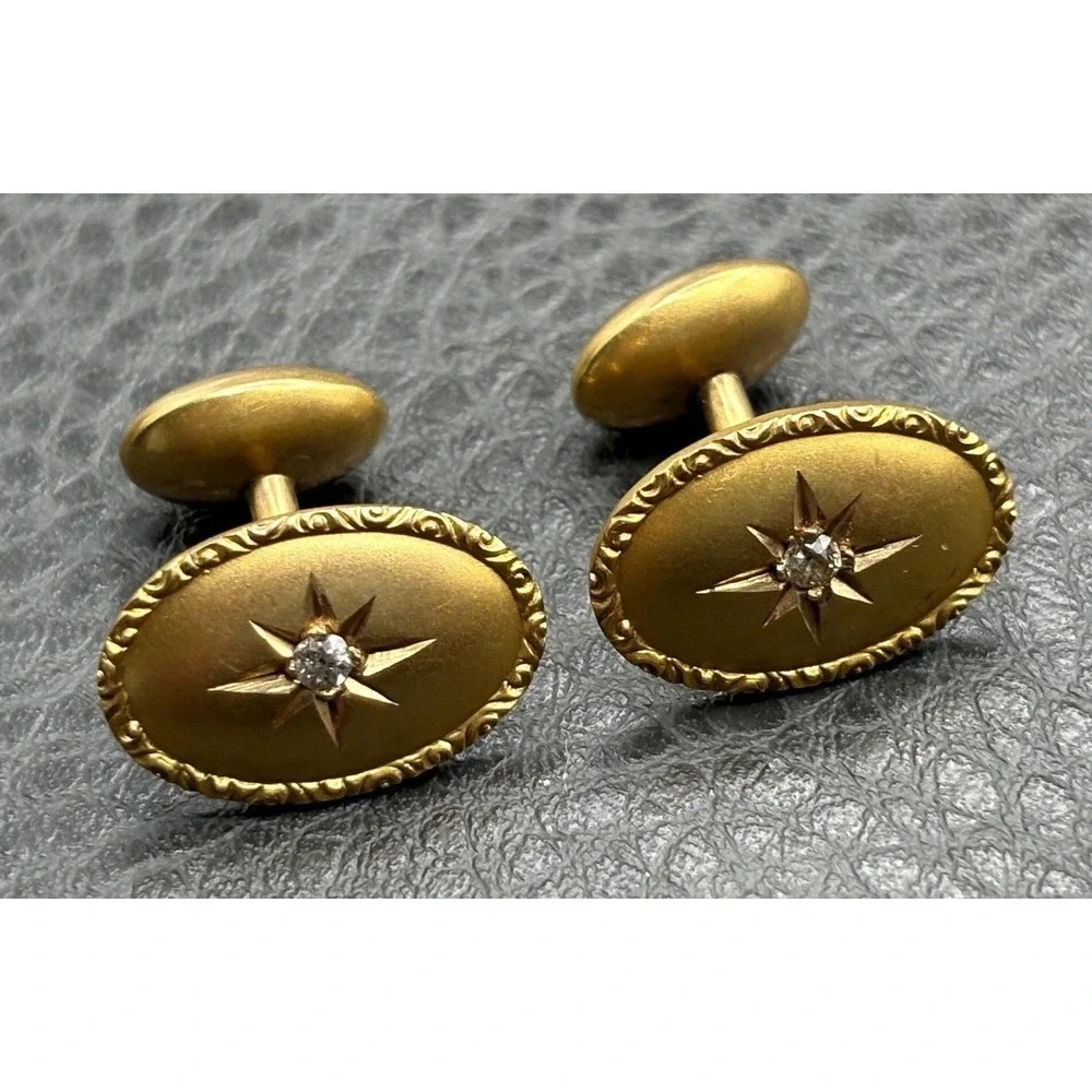 VTG Victorian 14K Solid Yellow Gold Genuine Diamond Star Starburst Cufflinks